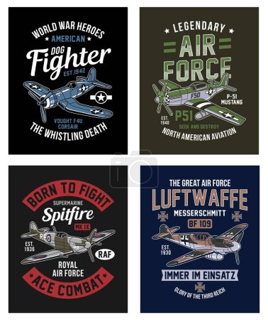 Illustration for Vintage World War 2 Fighter Aircraft Graphic T-shirt Collection Vector Graphic - Royalty Free Image