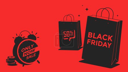 Illustration for Black Friday Sale banner. Poster in black and red colors with paper shopping bag and alarm clock. Vector - Royalty Free Image