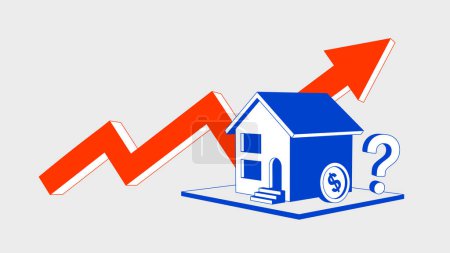 Téléchargez les illustrations : Flèche rouge et prix du logement en hausse. Illustration conceptuelle investissement immobilier ou croissance immobilière. Vecteur - en licence libre de droit