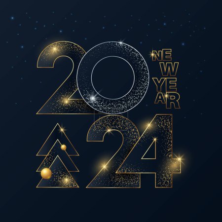 Photo for New Year 2024 gold numbers typography greeting card. Christmas invitation poster with golden glitter numeral - Royalty Free Image
