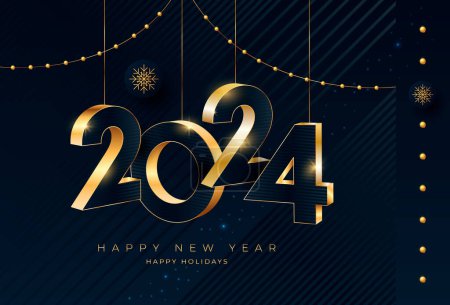 Photo for Happy New Year 2024 gold numbers typography greeting card design on dark background. Merry Christmas invitation poster with golden decoration elements. - Royalty Free Image
