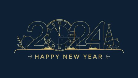Photo for New Year 2024 greeting card with stylized clock and decoration on dark background. Christmas golden line holiday illustration. - Royalty Free Image