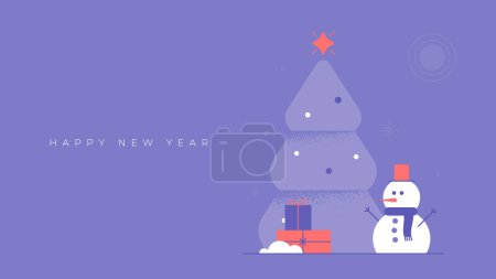 Photo for New Year and Christmas greeting card design with Christmas tree, snowman and decoration. Modern winter holiday cover in white and purple colors. - Royalty Free Image