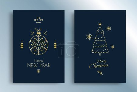 Photo for Merry Christmas greeting card design with stylized gold tree and ball decoration on dark background. New Year invitation poster layout with Golden line illustration. - Royalty Free Image