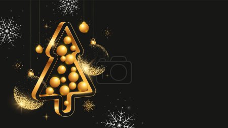 Photo for Golden Christmas tree and balls on a black background. Xmas holiday decoration banner. Vector illustrations - Royalty Free Image