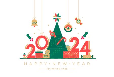Photo for Merry Christmas and Happy New Year 2024 number greeting card. Modern holiday cover in geometric style with Christmas tree, ball, gifts box, candy and bell. - Royalty Free Image