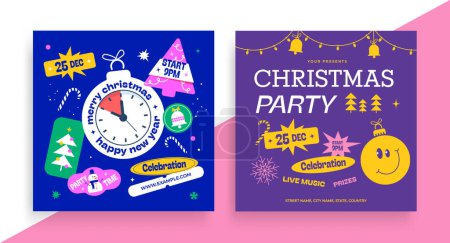 Photo for Christmas party social media post template design with holiday stickers and icon. New year winter festival or event flyer. - Royalty Free Image