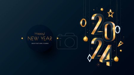 Illustration for Happy New Year 2024 3d text invitation. Gold number 2024 typography greeting card design on dark background. Vector holiday composition of numbers. - Royalty Free Image