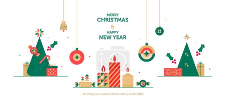 Photo for New Year and Christmas greeting card design in geometric style. Vector illustrations for holiday decoration graphic with christmas tree, candy, gift. - Royalty Free Image