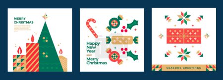 Photo for New Year and Christmas greeting card design. Vector illustrations for holiday post graphic with christmas tree, candy, gift. - Royalty Free Image