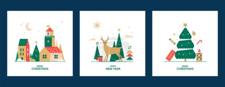 Photo for New Year and Christmas greeting card design. Vector illustrations for holiday post graphic with christmas houses, tree, deer, gift. - Royalty Free Image