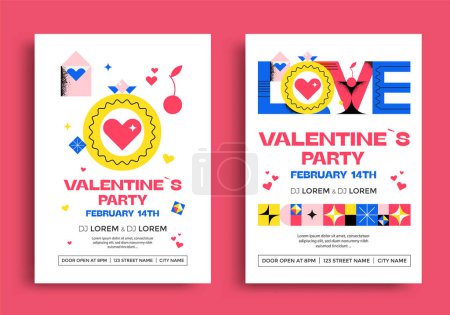Photo for Valentines Day party posters design with hearts and colorful geometric shapes. Romantic holiday Love greeting card. Vector - Royalty Free Image