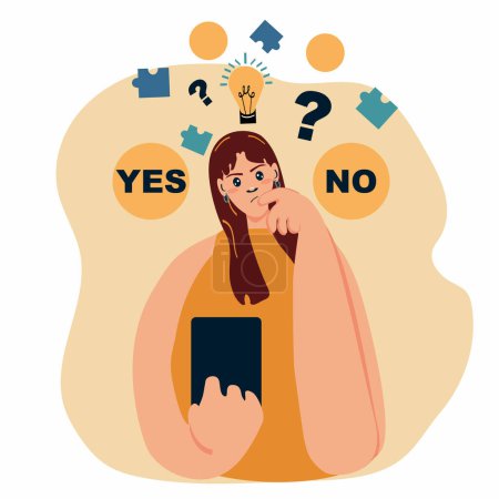 Foto de Vector flat illustration of person shrugging. Girl  choose between yes or no. woman is thinking about problem, making decision. - Imagen libre de derechos