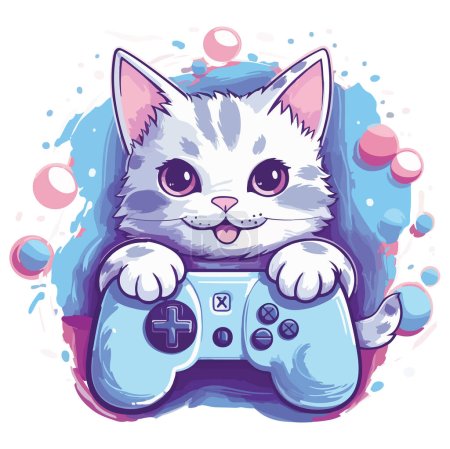 Téléchargez les photos : Vecteur cette illustration adorable dispose d'un chat avec un design de t-shirt de manette de jeu - en image libre de droit