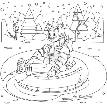 Boy sliding on an inflatable snow tube. Coloring Page