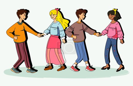 Group of young people walking and holding hands. Vector illustration in cartoon style.