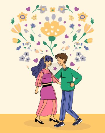 Verliebtes Paar mit Blumen. Vektor-Illustration im Retro-Stil.