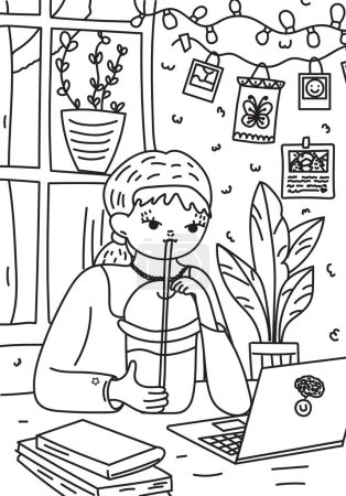 Vektorillustration eines Mädchens mit einem Laptop zu Hause. Malbuch für Kinder.