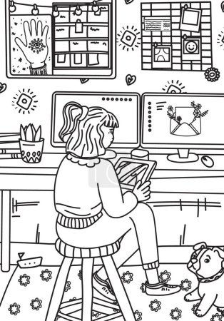 Ilustración de una chica trabajando en casa. Libro para colorear para niños.