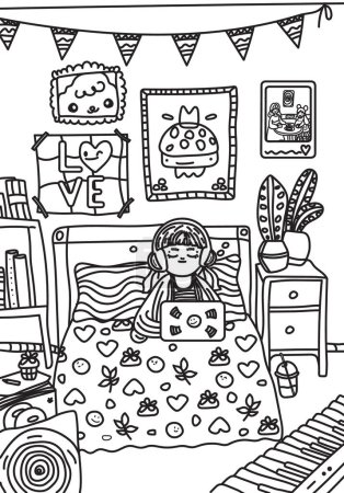 Jolie petite fille dans sa chambre. Illustration vectorielle pour livre à colorier.