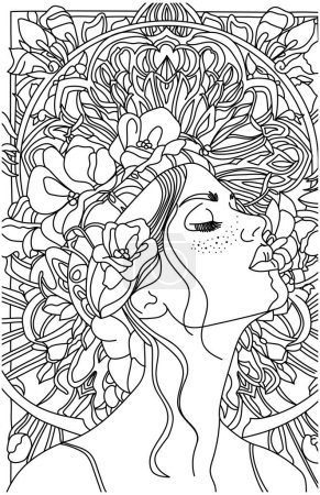 Illustrationen Mädchen mit Blumen, dunkle Konturen auf weißem Hintergrund, Glasmalerei