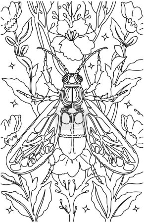Adult coloring book page with fantasy animal and flower elements