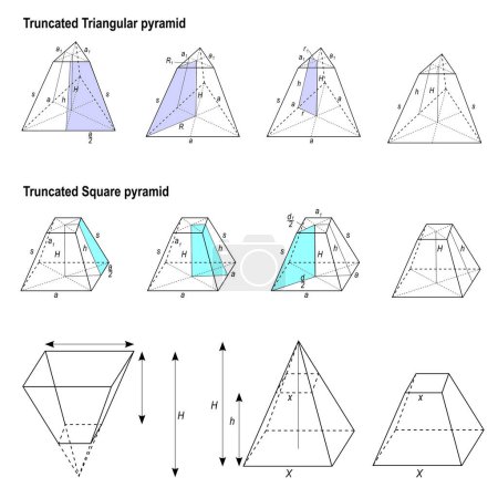 Ensemble vectoriel de pyramides triangulaires tronquées et carrées tronquées. Formes géométriques pour l'enseignement des mathématiques. Formes 3D de base.