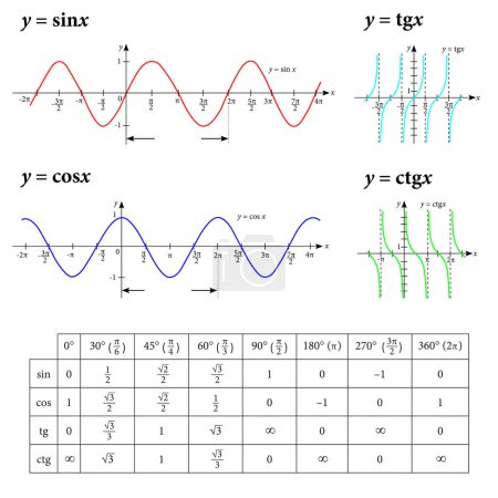Conjunto vectorial de gráficos de funciones trigonométricas en el sistema de coordenadas y tabla de funciones trigonométricas. Funciones matemáticas seno, coseno, tangente y cotangente. sinx, cosx, tgx y ctgx. 