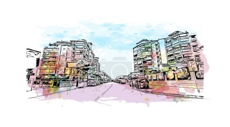 Illustration for Print Building view with landmark of Peniscola is the municipality in Spain. Watercolor splash with hand drawn sketch illustration in vector - Royalty Free Image