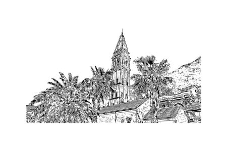 Ilustración de Imprimir Vista del edificio con hito de Perast es la ciudad de Montenegro. Dibujo dibujado a mano ilustración en vector. - Imagen libre de derechos