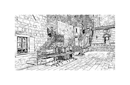 Illustration for Print Building view with landmark of Perast is the town in Montenegro. Hand drawn sketch illustration in vector. - Royalty Free Image