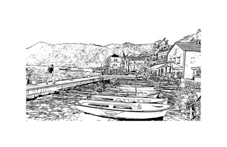 Ilustración de Imprimir Vista del edificio con hito de Perast es la ciudad de Montenegro. Dibujo dibujado a mano ilustración en vector. - Imagen libre de derechos