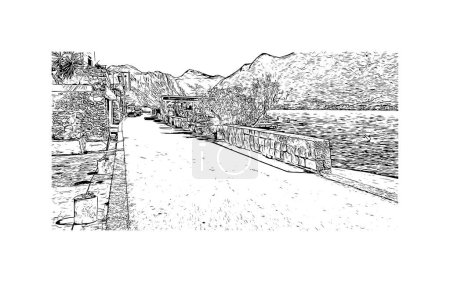Illustration for Print Building view with landmark of Perast is the town in Montenegro. Hand drawn sketch illustration in vector. - Royalty Free Image