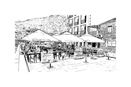 Illustration for Print Building view with landmark of Petrovac is the town in Montenegro. Hand drawn sketch illustration in vector. - Royalty Free Image