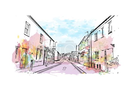 Illustration for Print Building view with landmark of Plymouth is the city in England. Watercolor splash with Hand drawn sketch illustration in vector. - Royalty Free Image