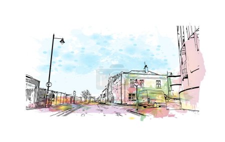 Illustration for Print Building view with landmark of Plymouth is the city in England. Watercolor splash with Hand drawn sketch illustration in vector - Royalty Free Image