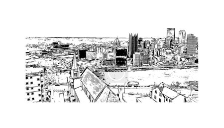 Téléchargez les illustrations : Print Building view with landmark of Pittsburgh is a city in western Pennsylvania. Hand drawn sketch illustration in vector. - en licence libre de droit