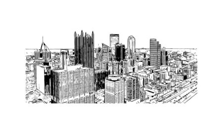 Téléchargez les illustrations : Print Building view with landmark of Pittsburgh is a city in western Pennsylvania. Hand drawn sketch illustration in vector. - en licence libre de droit