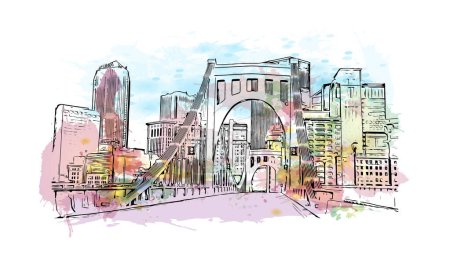 Téléchargez les illustrations : Print Building view with landmark of Pittsburgh is a city in western Pennsylvania. Watercolor splash with hand drawn sketch illustration in vector. - en licence libre de droit