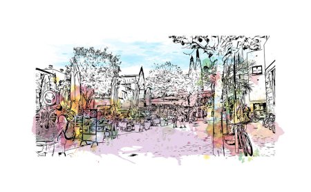 Ilustración de Print Building view with landmark of Pollenca is the town in  Spain. Watercolor splash with hand drawn sketch illustration in vector. - Imagen libre de derechos