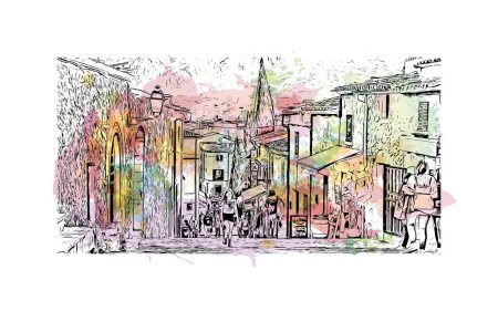 Ilustración de Print Building view with landmark of Pollenca is the town in  Spain. Watercolor splash with hand drawn sketch illustration in vector. - Imagen libre de derechos