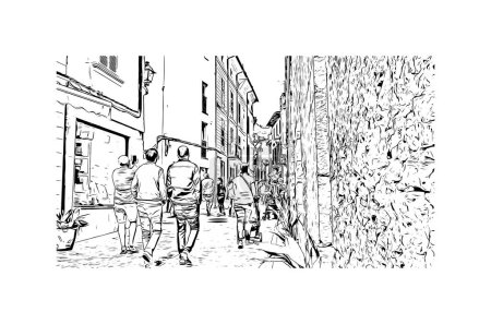 Ilustración de Print Building view with landmark of Pollenca is the town in  Spain. Hand drawn sketch illustration in vector. - Imagen libre de derechos