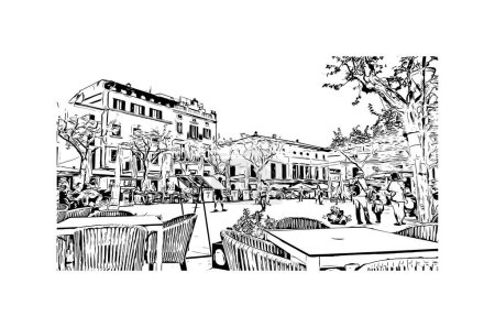 Ilustración de Print Building view with landmark of Pollenca is the town in  Spain. Hand drawn sketch illustration in vector. - Imagen libre de derechos