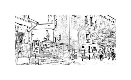 Ilustración de Imprimir Vista del edificio con hito de Pollenca es la ciudad en España. Dibujo dibujado a mano ilustración en vector. - Imagen libre de derechos