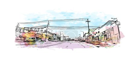 Ilustración de Print Building view with landmark of Port Alberni is the city in Canada. Watercolor splash with hand drawn sketch illustration in vector. - Imagen libre de derechos