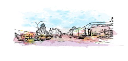 Ilustración de Print Building view with landmark of Port Alberni is the city in Canada. Watercolor splash with hand drawn sketch illustration in vector. - Imagen libre de derechos