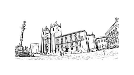 Téléchargez les illustrations : Print Building view with landmark of Porto is a coastal city in northwest Portugal. Hand drawn sketch illustration in vector. - en licence libre de droit