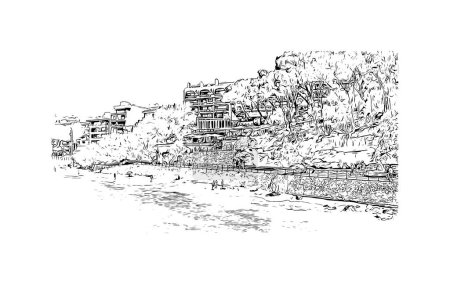 Ilustración de Imprimir Vista del edificio con el hito de Porto Cristo es la ciudad en España. Dibujo dibujado a mano ilustración en vector. - Imagen libre de derechos