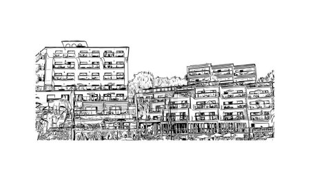 Ilustración de Imprimir Vista del edificio con el hito de Porto Cristo es la ciudad en España. Dibujo dibujado a mano ilustración en vector. - Imagen libre de derechos
