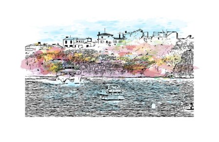 Ilustración de Print Building view with landmark of Porto Cristo is the town in  Spain. Watercolor splash with hand drawn sketch illustration in vector. - Imagen libre de derechos